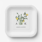 Summer Citrus Lemon Greenery Monogram Wedding Pappteller (Vorderseite)
