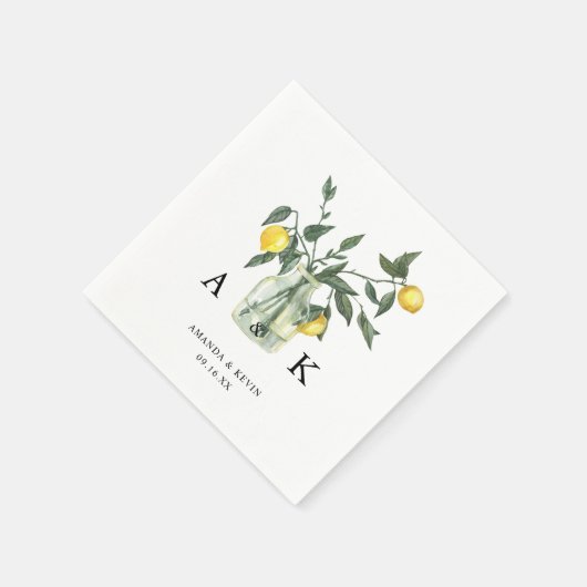 Summer Citrus Lemon Greenery Monogram Wedding Serviette (Ecke)