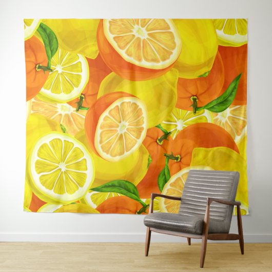 Summer Citrus Lemons & Orange Whimsical Artwork™ Wandteppich (Beispiel (Horizontal))