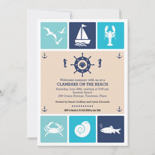 Summer Clambake Nautical Beach Icons Party Einladung (Vorderseite)