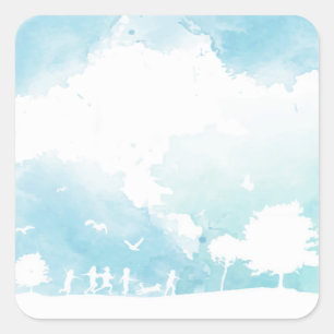 Summer Clouds Blue Sky Kinder Wasserfarbe spielen Quadratischer Aufkleber