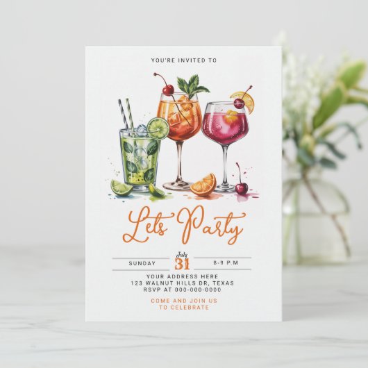 Summer Cocktail Party with Colorful Drinks Einladung (Stehend Vorderseite)