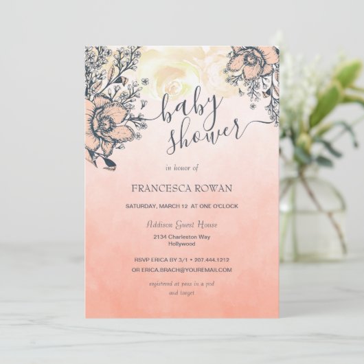 Summer Coral Poppy Baby Dusche Einladung (Stehend Vorderseite)