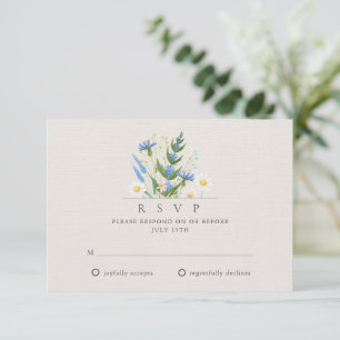 Summer Daisy Blue Floral Botanical Wedding RSVP Karte