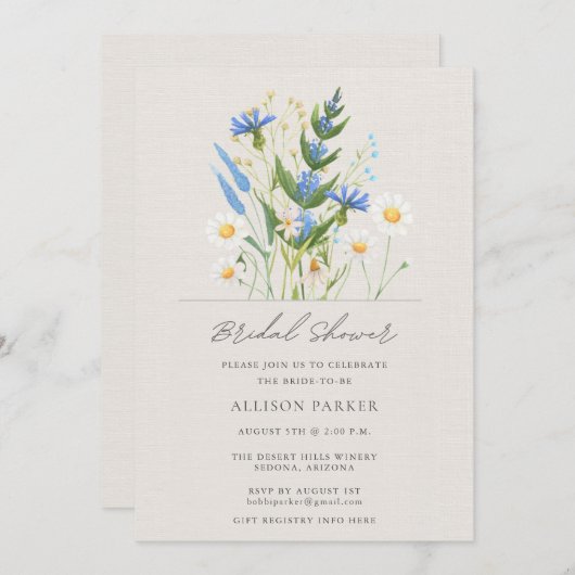 Summer Daisy Blue Wildblume Brautparty Einladung (Vorne/Hinten)