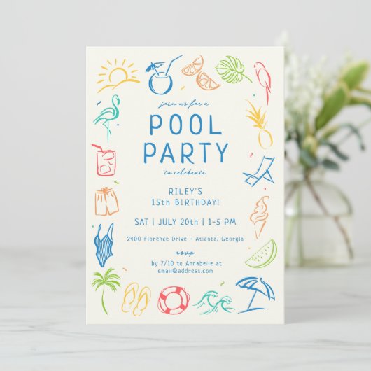 Summer Doodle Party Einladung (Stehend Vorderseite)