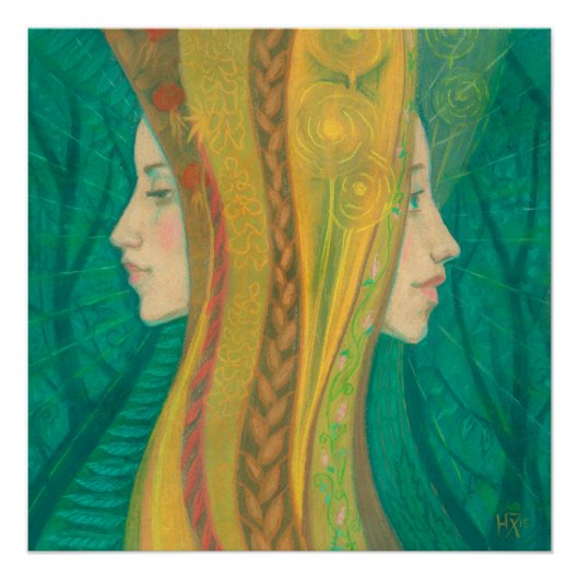 Summer Dryad Girls Forest Fantasy Art Green Yellow Poster (Vorderseite)