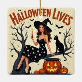 Summer Duck And Pretty Witch Halloween Keramikornament (Rückseite)