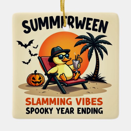 Summer Duck And Pretty Witch Halloween Keramikornament (Vorderseite)