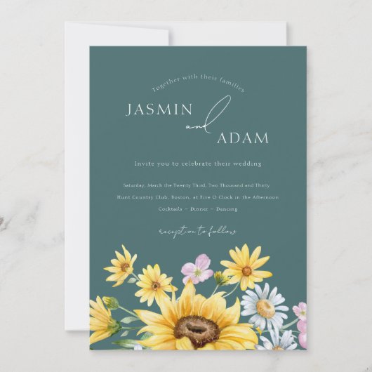 Summer Emerald Green Sunflowers Monogram Wedding Einladung (Vorderseite)