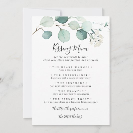 Summer Eukalyptus Wedding Kissing Menu Game Card (Vorderseite)