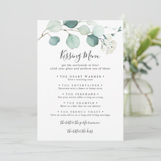 Summer Eukalyptus Wedding Kissing Menu Game Card (Stehend Vorderseite)