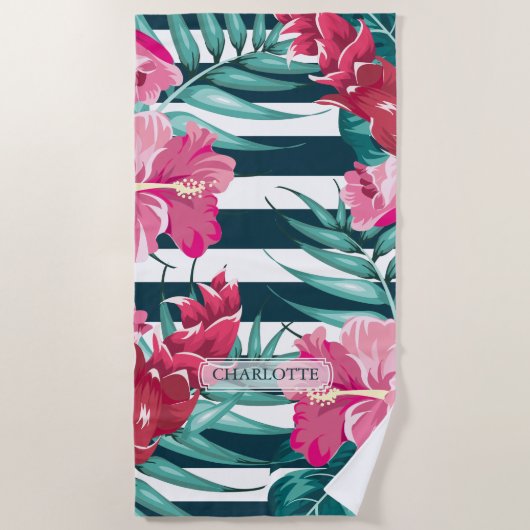 Summer Exotic Blume Monogramm gestreift Strandtuch (Vorderseite)