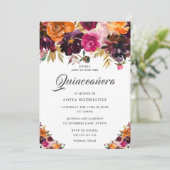 Summer Fall Burgundy Floral Fall Quinceanera Party Einladung (Stehend Vorderseite)
