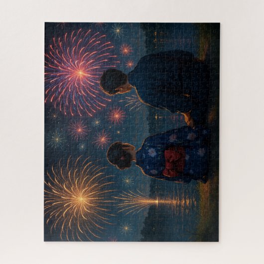 Summer Fireworks by the Lake with a Yukata Couple Puzzle (Vertikal)