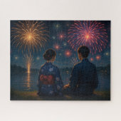 Summer Fireworks by the Lake with a Yukata Couple Puzzle (Horizontal)