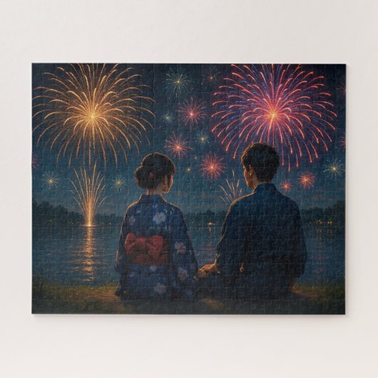 Summer Fireworks by the Lake with a Yukata Couple Puzzle (Horizontal)