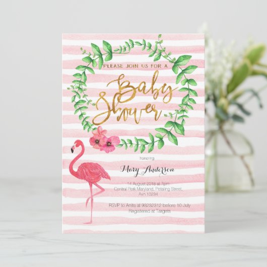 Summer Flamingo Baby Dusche Einladung (Stehend Vorderseite)