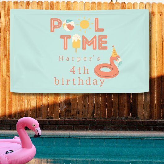 summer flamingo birthday pool party Outdoor Banner
