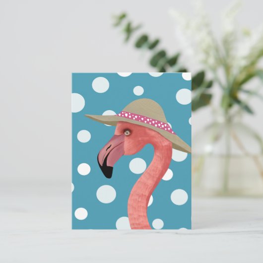 Summer Flamingo | Blue Polka Dots Decorative Postkarte (Stehend Vorderseite)