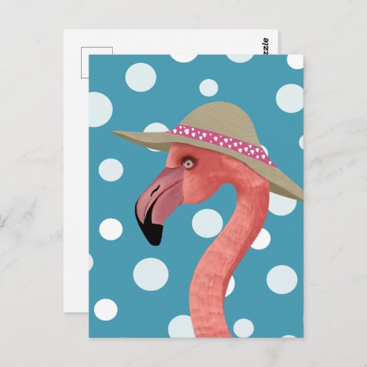 Summer Flamingo | Blue Polka Dots Decorative Postkarte (Vorne/Hinten)