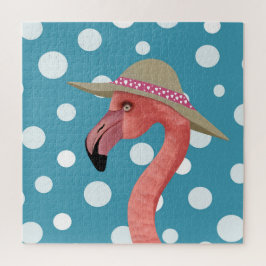 Summer Flamingo | Blue Polka Dots Decorative Puzzle
