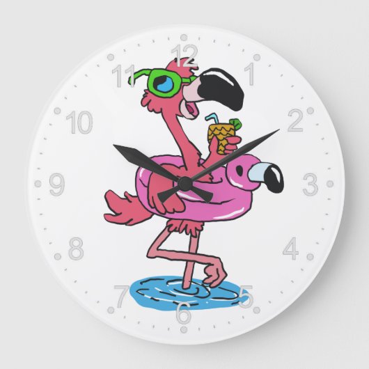Summer Flamingo Cartoon | Hintergrundfarbe auswähl Große Wanduhr (Vorderseite)