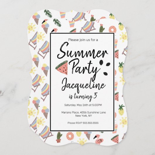 Summer Flamingo Hand Drawn Doodles Einladung (Vorne/Hinten)