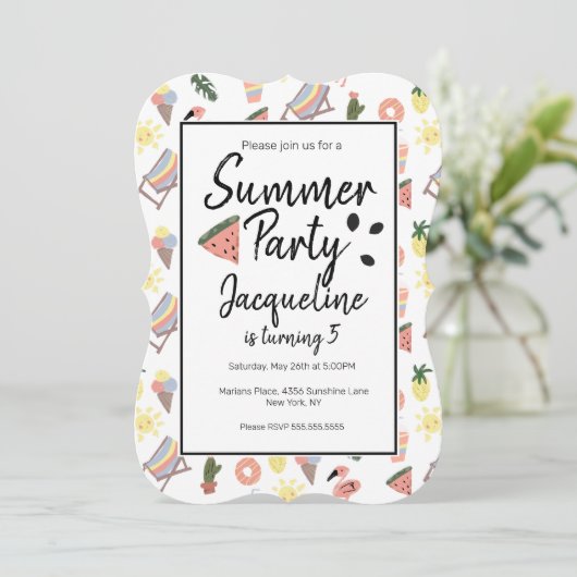 Summer Flamingo Hand Drawn Doodles Einladung (Stehend Vorderseite)