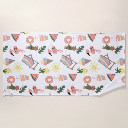 Summer Flamingo Hand Drawn Doodles Strandtuch (Vorderseite)