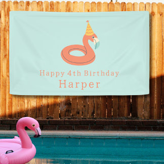 summer flamingo kids birthday pool party outdoor banner