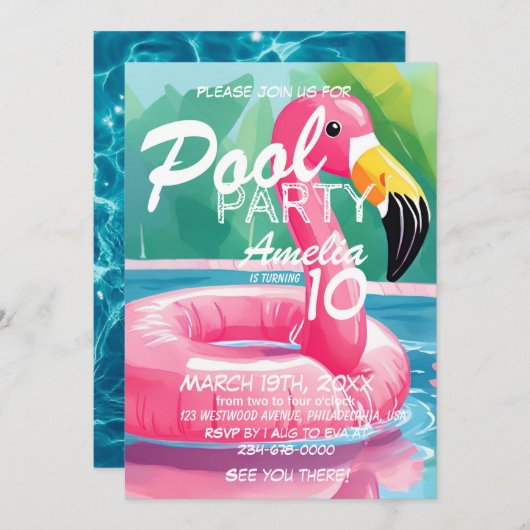 Summer Flamingo Pool Party Girl 10. Geburtstag Einladung (Vorne/Hinten)