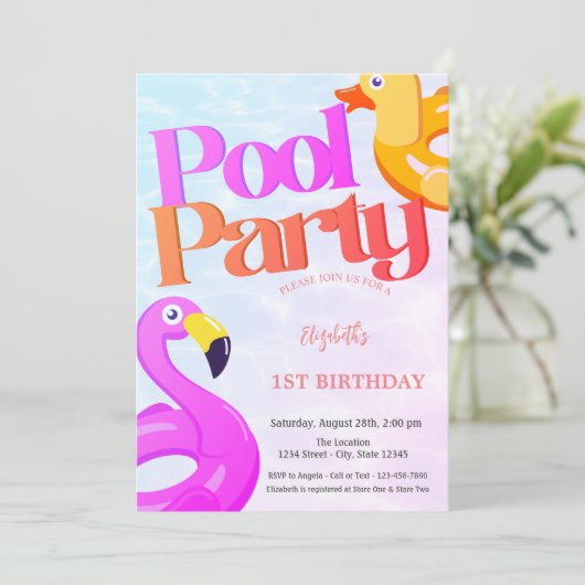 Summer Flamingos erster Geburtstag Einladung (Stehend Vorderseite)