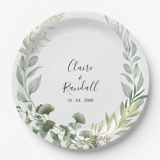 Summer Floral Green Foliage White Wedding Pappteller (Vorderseite)
