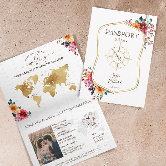 Summer Floral Hochzeit in Urlaubsort Passport Einladung