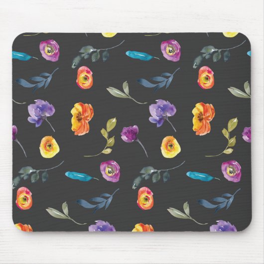 Summer Florals Wasserfarbe auf schwarzem Hintergru Mousepad (Vorne)