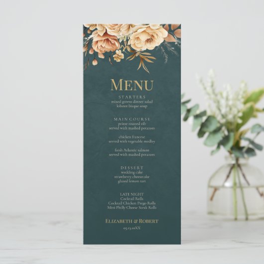 Summer Forest Witch Teal Wedding Menu Menükarte (Stehend Vorderseite)