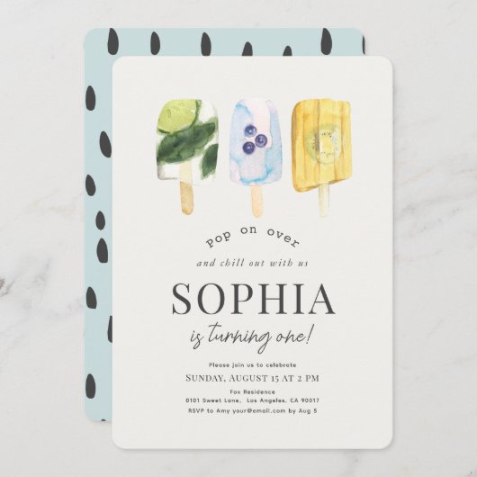 Summer Fruit Popsicle Watercolor 1st Birthday Einladung (Vorne/Hinten)