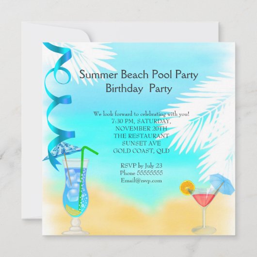 Summer Fun Blue Cocktail Beach Party Einladung (Rückseite)
