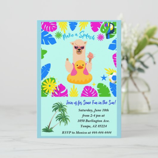 Summer Fun Llama Pool Party Personalisiert Einladung (Stehend Vorderseite)