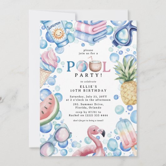 Summer Fun Pool Party Birthday Einladung (Vorderseite)