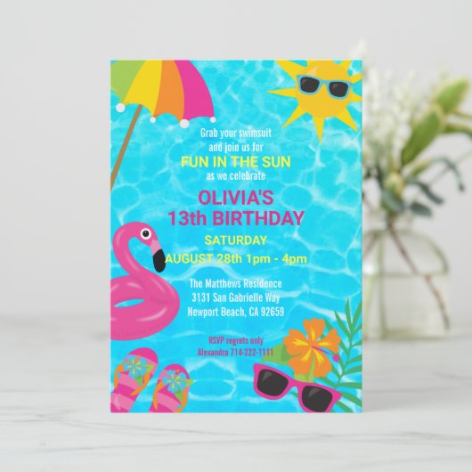 Summer Fun Pool Party Geburtstag Einladung (Stehend Vorderseite)