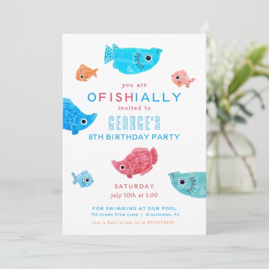 Summer Funky Fish Birthday Pool Party Einladung (Stehend Vorderseite)