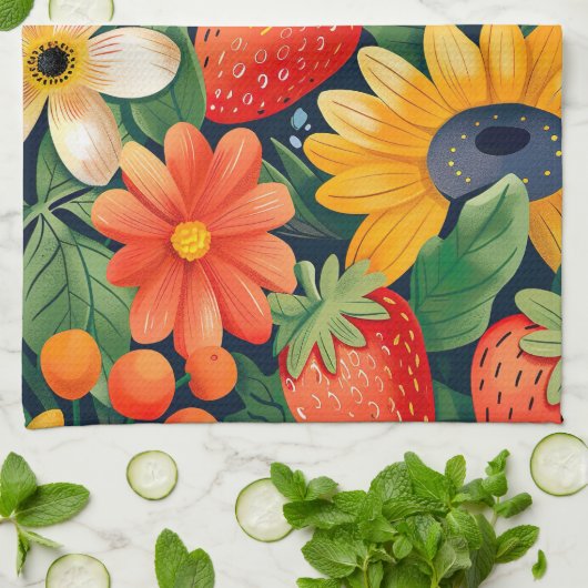 Summer Garden Blume Erdbeeren Muster Geschirrtuch (Gefaltet)