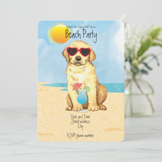 Summer Gelbe Labrador Beach Party Einladung (Stehend Vorderseite)