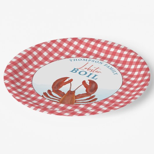 Summer Gingham Lobster Boil Seafood Whimsical Pappteller (Schrägansicht)