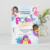 Summer Girls 12. Geburtstag Pool Party Einladung (Stehend Vorderseite)