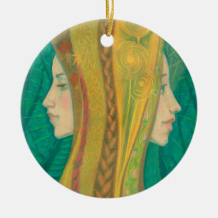 Summer, girls, fantasy art, forest, green & yellow keramikornament