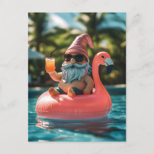 Summer Gnome in Sonnenbrille auf Flamingo Float Feiertagspostkarte