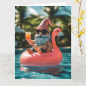 Summer Gnome in Sonnenbrille auf Flamingo Float Karte (Gelbe Blume)